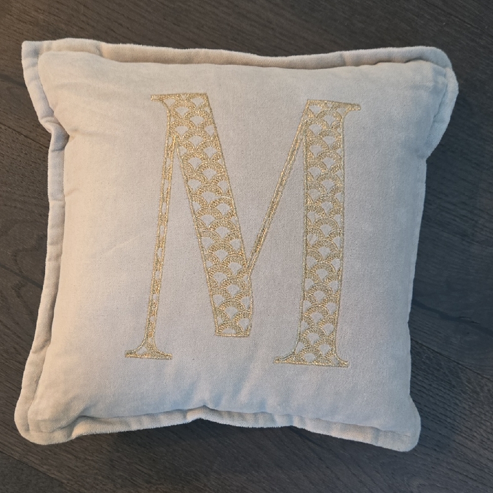 Taupe + Gold M Monogrammed Pillow